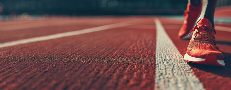 Close-up of a runner's red shoes on a track with copy space.