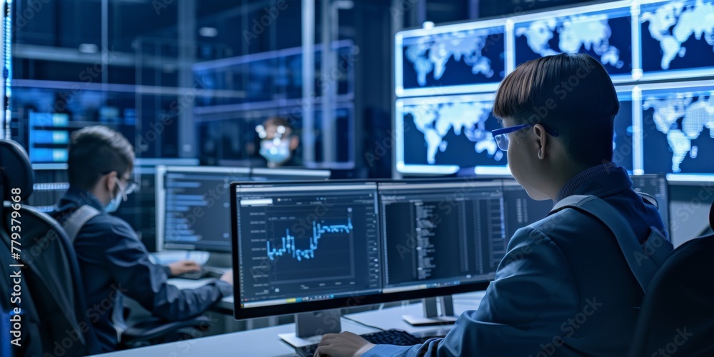Aufkleber a man is sitting at a desk, focused on a computer monitor in a cybersecurity tech team environment