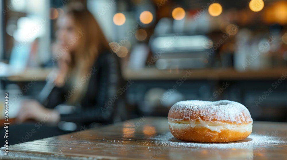 Poster a donut sits atop a wooden table, creating a simple yet appetizing scene