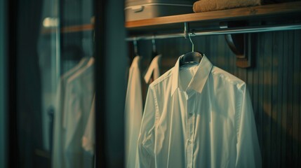 A close-up of a white shirt neatly hanging on a rail inside a closet - obrazy, fototapety, plakaty