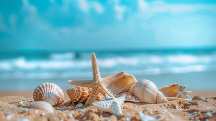 Close-up view of several starfish and seashells laying on a sandy beach, blending in with the grains of sand