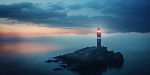 A lighthouse perched on a rocky outcrop in the midst of the ocean - obrazy, fototapety, plakaty