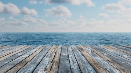 A wooden dock stretching out into the ocean waters with the blue sea in the background - obrazy, fototapety, plakaty