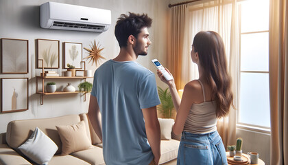 Young couple with remote control of air conditioner in living room at home
