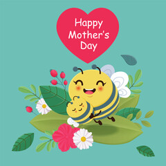 Happy Mothers Day poster with bee character. 