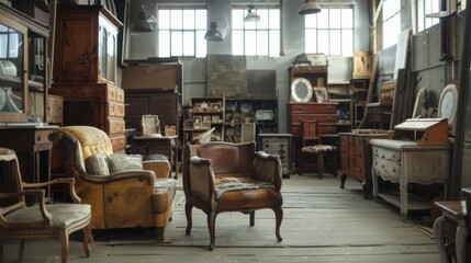 Furniture repair workshop. Old style furniture factory and locksmith workshop.  - obrazy, fototapety, plakaty