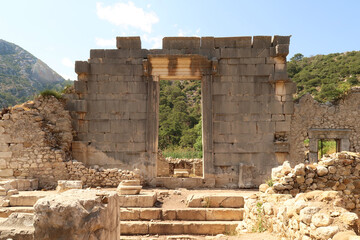 The giant sella, cella door, entrance to Ionic Temple at the ancient site of Olympos, Olympus,...