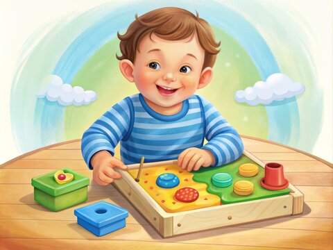 A smiling toddler trying to complete a simple children's puzzle game for the first time