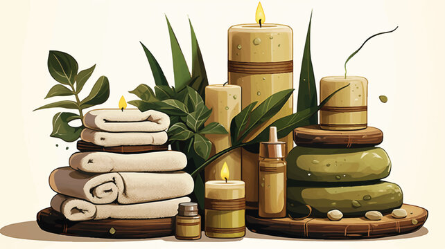 Spa Setting with Candles and Natural Elements for Relaxation.Minimalist spa illustration with simple lines and shapes, portraying stacked towels, bamboo, and stone massage tools.sketch draw cartoon.