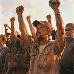 A determined group of workers with raised fists in a powerful gesture of unity and solidarity at dusk.  Labor Day concept. - obrazy, fototapety, plakaty