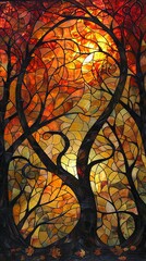 Artistic stained glass installation depicting a forest pathway and a vibrant sunset through the trees.