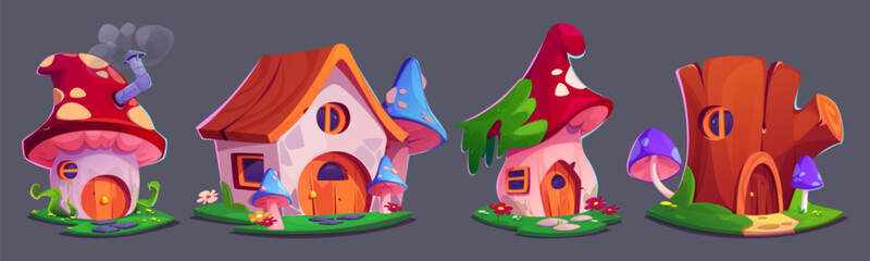 Cute fairy mushroom gnome house fantasy vector. Fairytale magic dwarf building inside poisonous fungus. Imagination hobbit village clipart set. Beautiful elf home with land summer art drawing