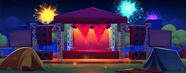 Outdoor music band concert festival stage in park. Open air live performance event at night cartoon background. Summer camp activity on wedding area with tent, spotlight and amplifier illustration - obrazy, fototapety, plakaty