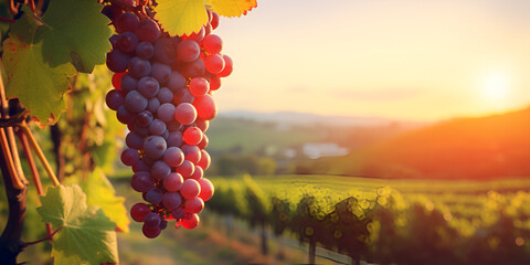 Vine grown ripe wine grapes Beautiful winery and vineyard Sunlight at sunset background
