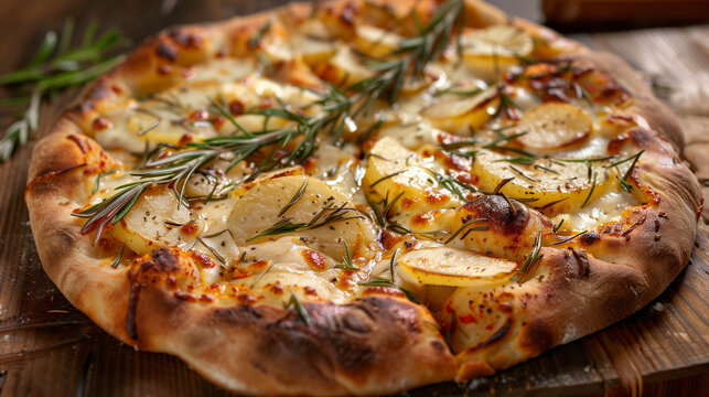 Pizza Alla Pala with potato and rosemary,  vibrant capture on wooden surface, showcasing earthy flavors.
