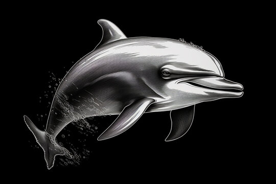 A finely-detailed black and white vector-style face of a dolphin, resembling an HD photograph, on a solid background.
