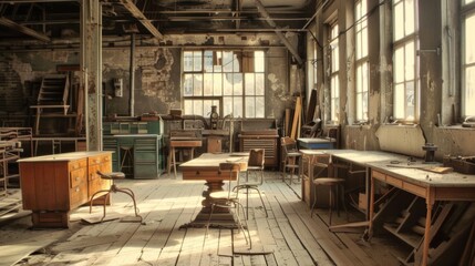 Fototapeta na wymiar Furniture repair workshop. Old style furniture factory and locksmith workshop. 