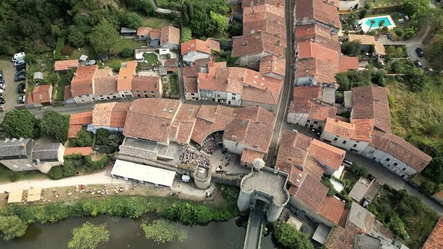 A Birds Eye View Upward Reveal of a Small Medieval French Town