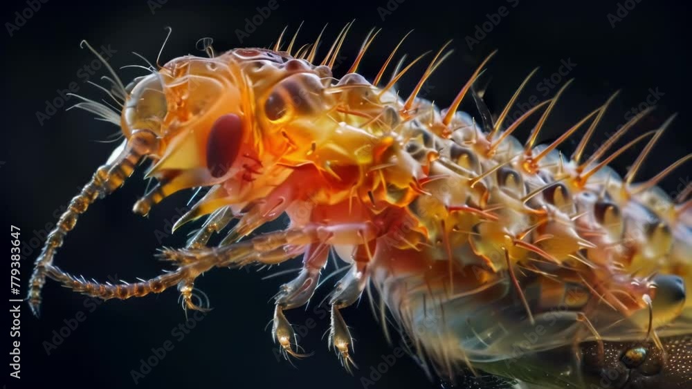 Poster A highly magnified image of a parasitic larva attached to the skin of a larger insect host its tiny hooks and spines visible as it . AI generation.