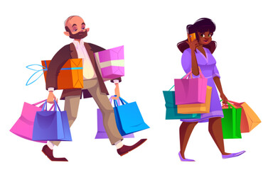 People with shop bag. Woman and man mall customer. Lady purchase gift in store with discount isolated vector set. Guy shopper carry goods. Joy female adult hold phone and present in market cartoon - obrazy, fototapety, plakaty