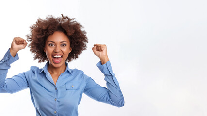 Fototapeta premium Afro Business Woman in blue shirt has good news, smile and raised hands