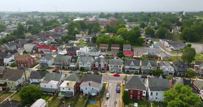 Historical American city architecture. Hagerstown, old city in Washington County, Maryland. Streets and buildings from above