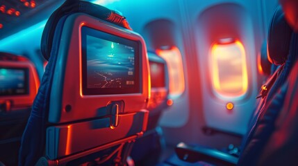 Airline seat screen showing night cityscape