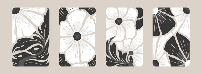 Vector illustrations collection of vintage prints with abstract black and white flowers isolated on grey background. Floral monochrome design templates for poster print, invitation, card