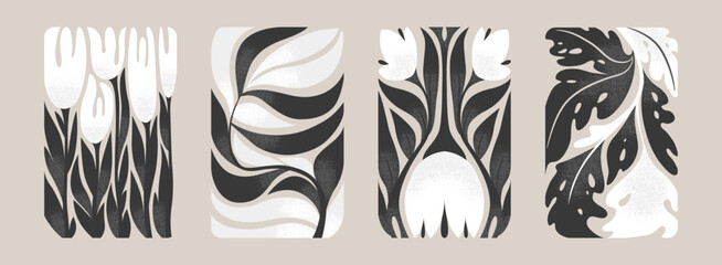 Vector illustrations collection of vintage prints with abstract black and white flowers isolated on grey background. Monochrome floral design templates for poster, card print, invitation