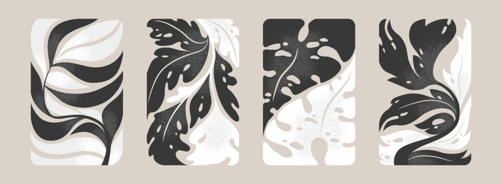 Vector illustrations collection of vintage prints with abstract black and white leaves isolated on grey background. Monochrome botanical design templates for poster, card print, invitation
