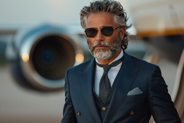 Stylish businessman exiting a private jet. The wind calls his hair and clothes. His hair, tousled...
