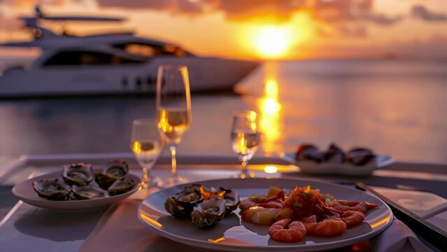 A stunning sunset as the backdrop for a romantic dinner on the yacht featuring a gourmet spread of seared tuna shrimp ceviche and oysters on the half shell.