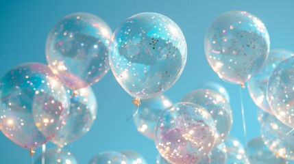 Transparent balloons with sparkles on a light blue sky
