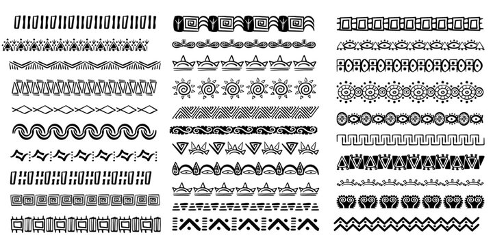 Set aztec tribal motive border in doodle hand drawn style from geometrical shapes isolated on white background. boho scandinavian srtoke, traditional native decor.