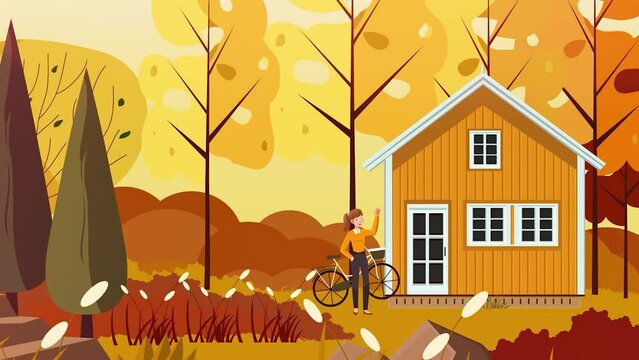 Animated 2D illustration of young girl in front of house with bicycle, waving.