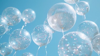 Glitter-filled transparent balloons soaring in pastel blue skies
