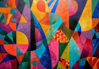 Vibrant colors and abstract shapes that evoke geometric patterns, such as triangles, circles, squares, and hexagons
