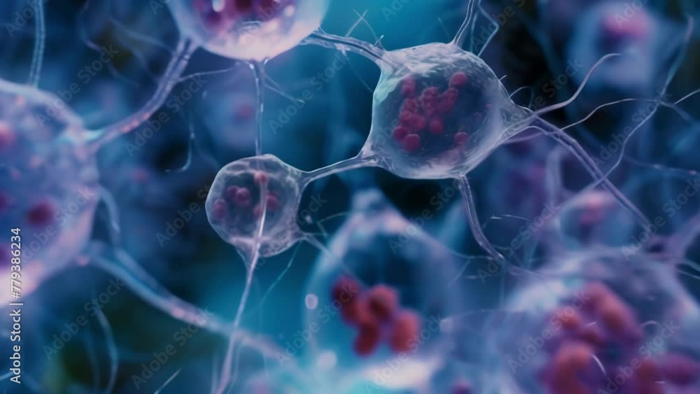Poster a microscopic image of thousands of cells competing to reach and fertilize a single egg emphasizing 