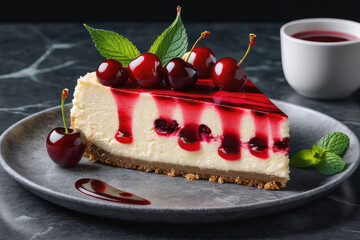 Delicious cherry cheesecake with cherry on a dark marble background.