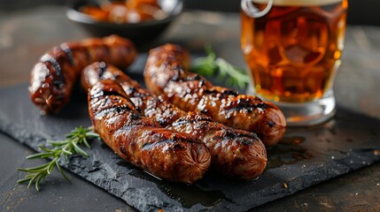 Juicy grilled sausages with a glass of beer - obrazy, fototapety, plakaty