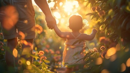 A little girl in a dress holding hands with an adult, walking through a sunlit flower path.