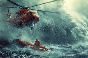 Water rescue operation. A rescue helicopter flies up to a boat with people during a storm. Against the backdrop of dark clouds, a rescue chopper ascends, its mission to reach the distressed boat. - obrazy, fototapety, plakaty