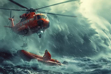 Keuken foto achterwand Water rescue operation. A rescue helicopter flies up to a boat with people during a storm. Against the backdrop of dark clouds, a rescue chopper ascends, its mission to reach the distressed boat. © Liaisan