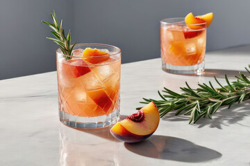 Summer refreshing soda drink or alcoholic cocktail with ice, rosemary and peach on a white marble table.