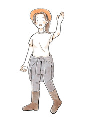 手を振る農家の女性