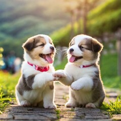 귀여운 강아지 두마리 / 앞발로 서로 악수 / 웃는 모습 / 환한 미소