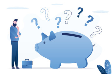 Businessman thinking about savings problem. Piggy bank and question marks. Banking or economic uncertainty and crisis. Finance question, doubt or confusion,
