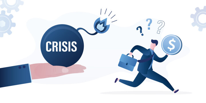 Business investor run away from crisis bomb. Stock market panic, financial crisis forecast, unexpected problem, difficult decision making, dangerous situation.