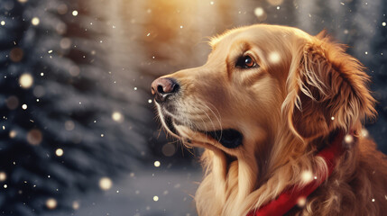 Golden Retriever in a scarf looks wistfully, winter vibes.