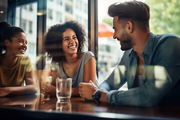 Multicultural friends drink sipping coffee from cups and exchange life stories at warm and well-coming cafe. Men and women drinking cups of warm coffee with sweets share tales of lives in coffee shop.